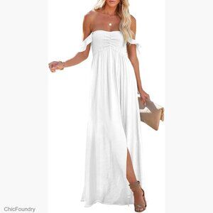 Summer Smocked Off Shoulder Maxi Dress Ruffle Sleeve A-Line Side Slit